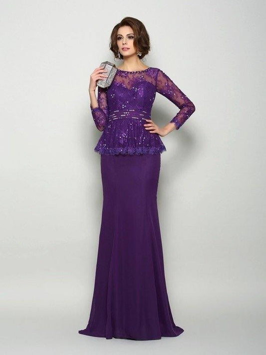Trumpet/Mermaid Scoop Beading Long Sleeves Long Chiffon Mother of the Bride Dresses - RongMoon