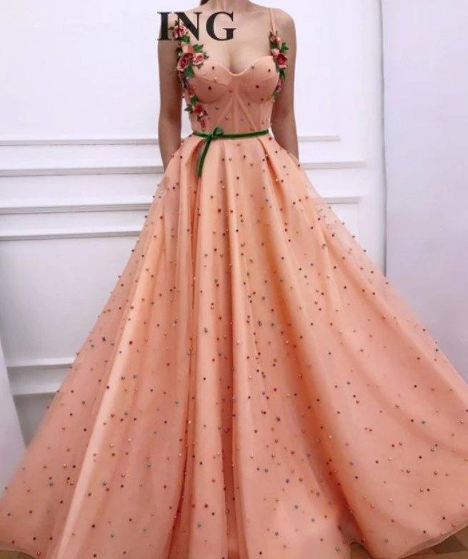 Peach Muslim Evening Dresses A-line Spaghetti Straps Tulle Pearls Islamic Dubai Saudi Arabic Long Formal Evening Gown - RongMoon