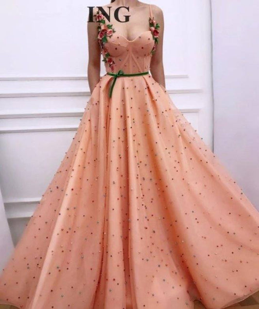Peach Muslim Evening Dresses A-line Spaghetti Straps Tulle Pearls Islamic Dubai Saudi Arabic Long Formal Evening Gown - RongMoon