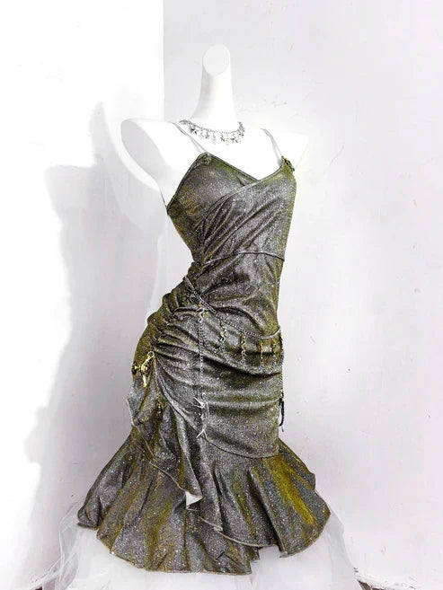 Vintage Green Spaghetti Strap Ruffled Hem Hem Short 16th Birthday Party Dress Homecoming Dress HZ1024