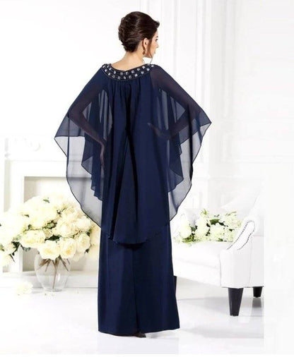 Navy Blue Mother Of The Bride Dresses A-line Floor Length Chiffon Beaded Plus Size Long Elegant Groom Mother Dresses Wedding - RongMoon