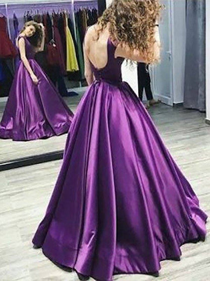 A-Line Bateau Sleeveless Floor-Length With Ruffles Satin Dresses - RongMoon