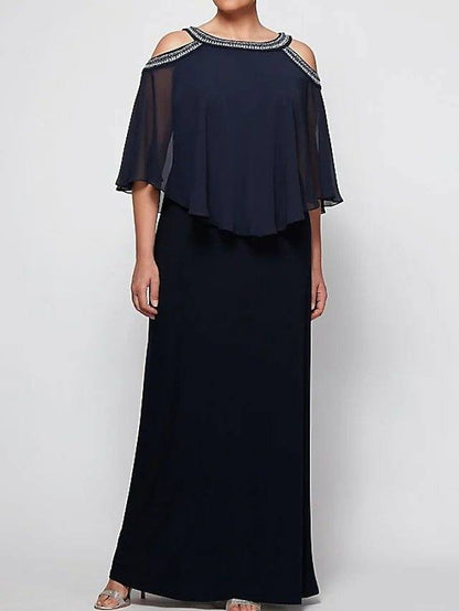 Sheath / Column Mother of the Bride Dress Elegant Jewel Neck Floor Length Chiffon Half Sleeve with Pleats Beading - RongMoon