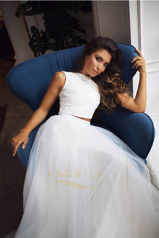A-Line/Princess Jewel Neck Lace Wedding Dress with Two Piece