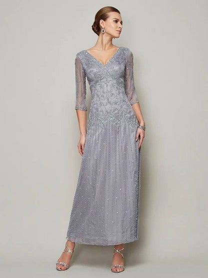 Sheath/Column V-neck 1/2 Sleeves Beading Long Elastic Woven Satin Mother of the Bride Dresses - RongMoon