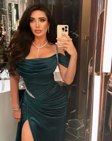 Elegant Mermaid Spaghetti Strap Prom Dress Pleated High Slit Evening Gown Party Dress Long Formal Dress HZ1024