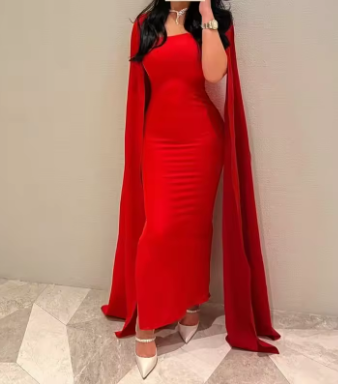 Red Satin Mermaid Evening Dress Saudi Arabia Prom Dresses  cc695