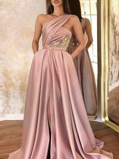 A-Line Minimalist Sexy Wedding Guest Formal Evening Valentine's Day Dress One Shoulder Sleeveless Sweep / Brush Train Satin with Pleats Split - RongMoon