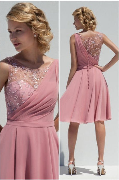 A-line/Princess Sleeveless Lace Applique Knee-length Chiffon Bridesmaid Dresses