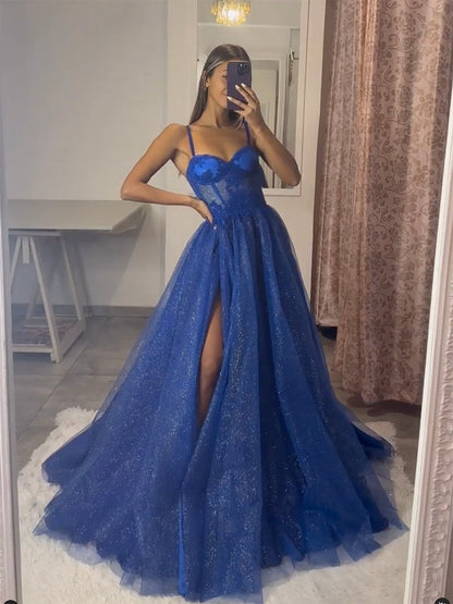 A-Line Sweetheart Neck Tulle Lace Blue Long Prom Dress, Blue Long Formal Dress
