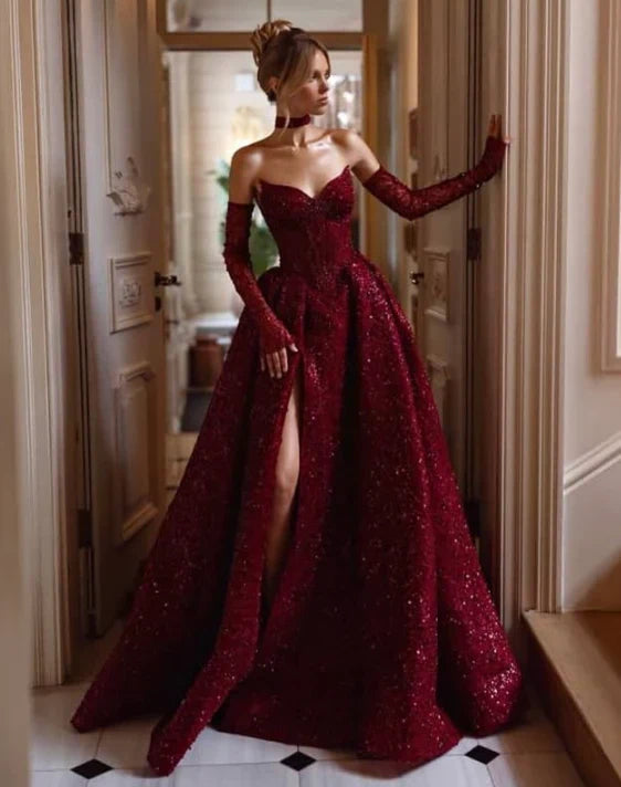 Vintage Sweetheart Burgundy Shiny Sequin Strapless Design A-Line Evening Dress Prom Dress HZ1024