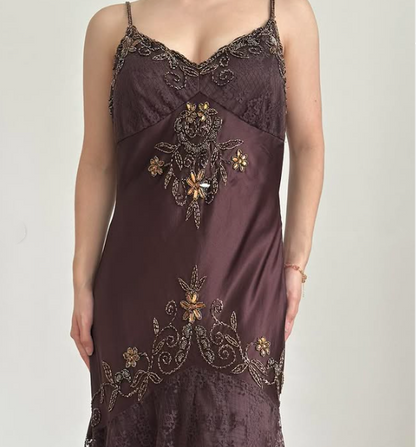 Brown Vintage Elegant Exquisite Floral Beading Spaghetti Strap Long Satin Lace Ball Gown Evening Dress Birthday Party Dress Prom Dress gh3831