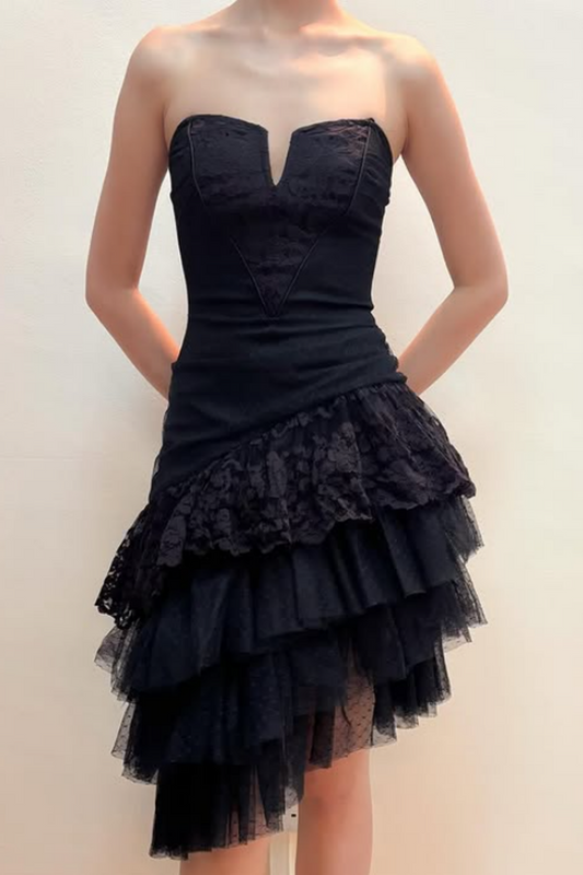 Girlhomeshops--Black Lace Midi Chiffon Homecoming Dress gh5529