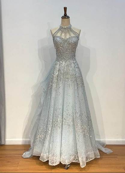 Light blue elegant gorgeous exquisite beaded long Tulle shining ball gown evening dress wedding dress gh4353