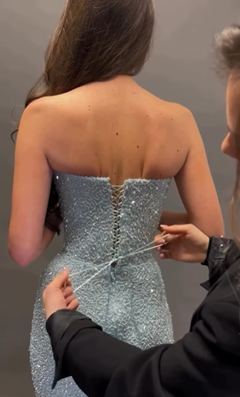 Shimmering Light Blue Mermaid Strapless Sequined Long Prom Dress Evening Dress cc4877