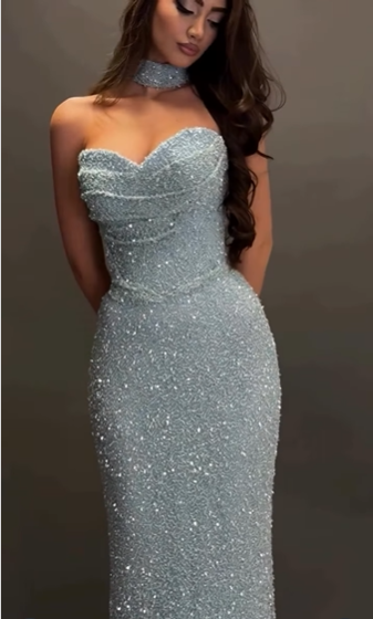 Shimmering Light Blue Mermaid Strapless Sequined Long Prom Dress Evening Dress cc4877