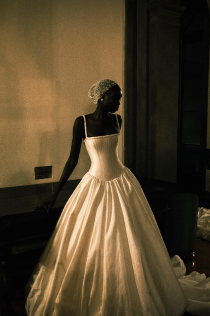 Vintage Princess Style Spaghetti Strap Sleeveless Gown | Satin Waist-Fitted Ballgown Maxi Dress for Wedding Bridal Engagement Luxury Dinner Party gh6419