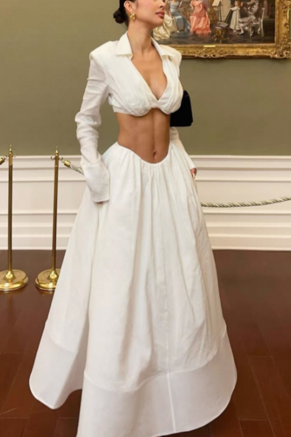 Chic Luxury Edgy Style Cutout Set Dress | White Shirt-Style Bandeau + Ballgown Maxi Skirt for Art Exhibition Gala Luxury Social Outfit gh6437