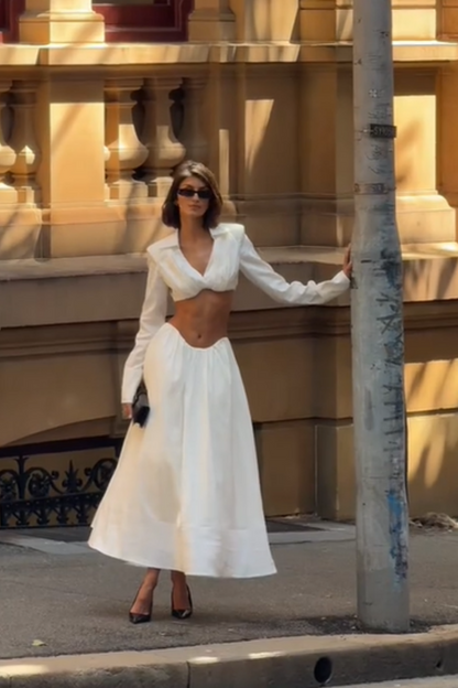 Chic Luxury Edgy Style Cutout Set Dress | White Shirt-Style Bandeau + Ballgown Maxi Skirt for Art Exhibition Gala Luxury Social Outfit gh6437