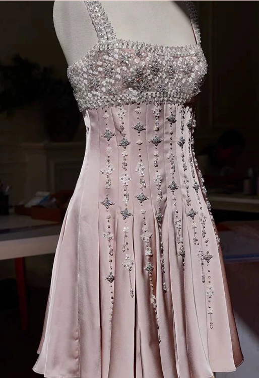 Vintage Pink Square Neck Wide Shoulder Strap Sequin Embroidered Satin Birthday Party Homecoming Dress cc4186
