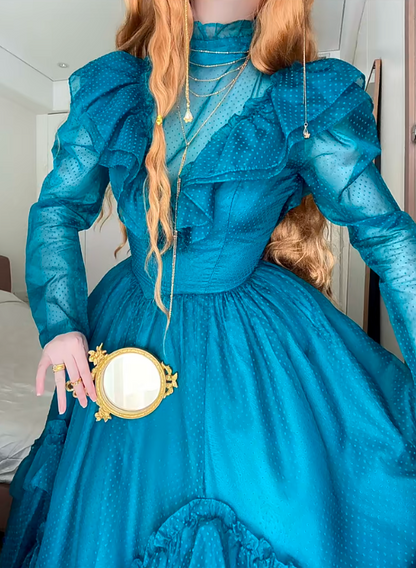 Peacock Blue Tulle High Neck Long Sleeve Tiered Floor-length Ballgown Victorian Retro Party·Evening Dress gh6740