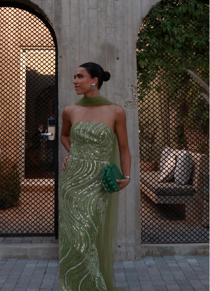 Elegant Green Strapless Sequin Wave Pattern High-Slit Tulle Slim-Fit Long Prom Dress Evening Dress cc5415