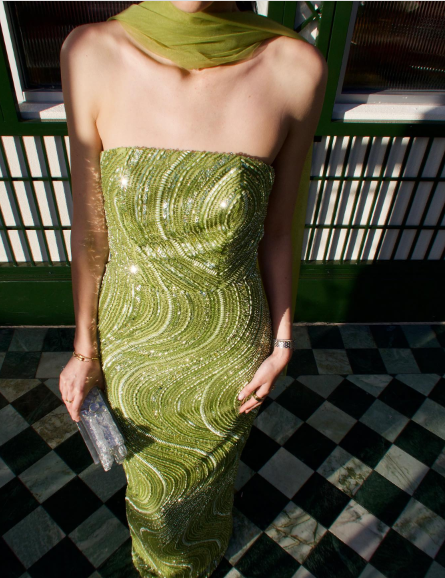 Elegant Green Strapless Sequin Wave Pattern High-Slit Tulle Slim-Fit Long Prom Dress Evening Dress cc5415