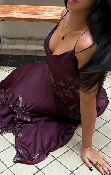 Vintage Elegant Burgundy Spaghetti Strap V-neck Satin Long Prom Dress Evening Dress cc5399