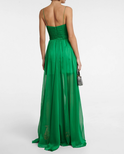 Green A-line V-neck halter chiffon long evening gown party dress wedding guest dress gh3024