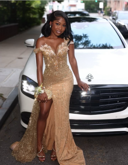 Gorgeous Gold Mermaid High-slit Sequined Long Prom Dress Evening Dress cc4866