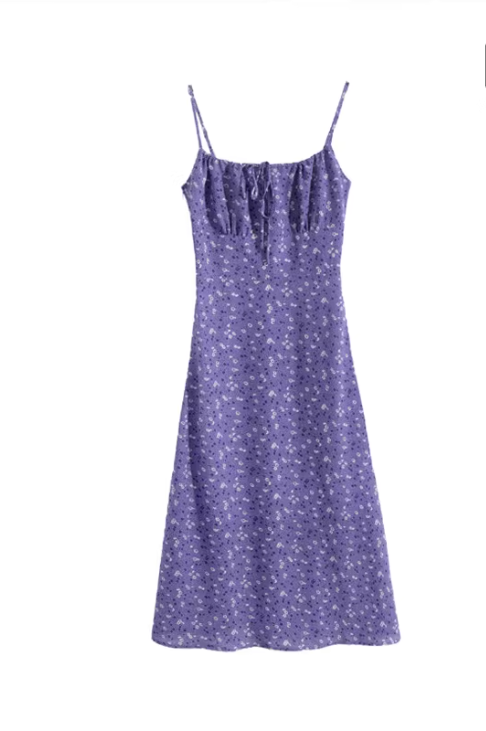 French retro floral print sundress for women, with a tie at the chest, slimming A-line silhouette, perfect for vacation.  11355