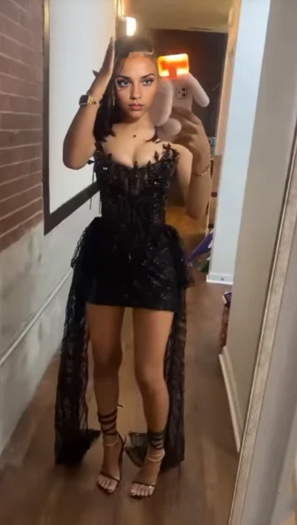 Sexy Black Tube Top Herringbone Beaded 19th Birthday Cocktail Dress Short