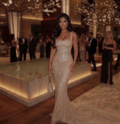 Luxurious Champagne Gold Mermaid Square Neck Sequined Prom Dress Evening Dress cc5117