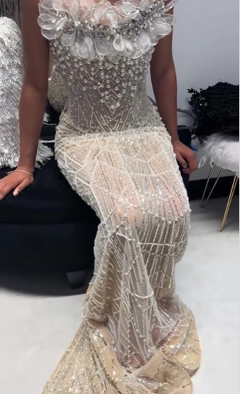 Luxurious Champagne Gold Strapless 3D Floral Beaded Sequin Tulle Train Long Prom Dress Evening Dress cc5576