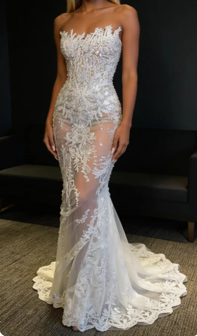 White Luxurious Mermaid Wedding Dress Charming Bride Dress cc90