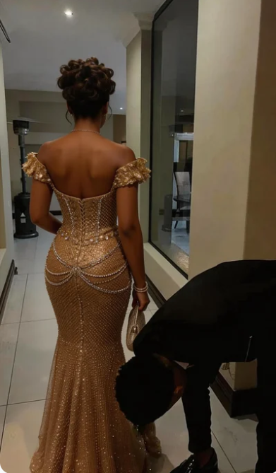 Luxurious Gold Mermaid Off-Shoulder Sequined Long Prom Dress Evening Dress cc4910