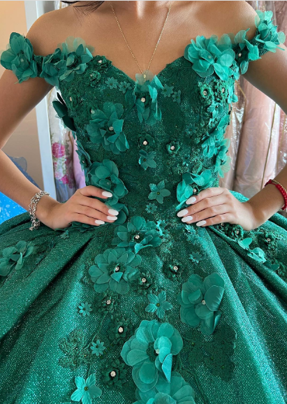 Off The Shoulder Ball Gown Green Sweet 16 Dress c2563