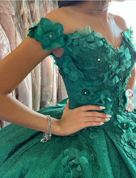 Off The Shoulder Ball Gown Green Sweet 16 Dress c2563