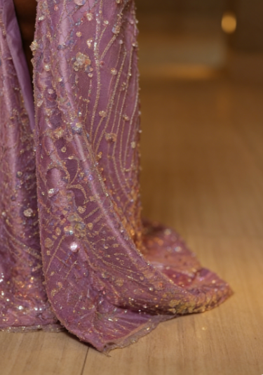 Luxurious Purple Beaded Sequin 3D Flower High Slit Tulle Train Prom Dress Evening Dress cc5599