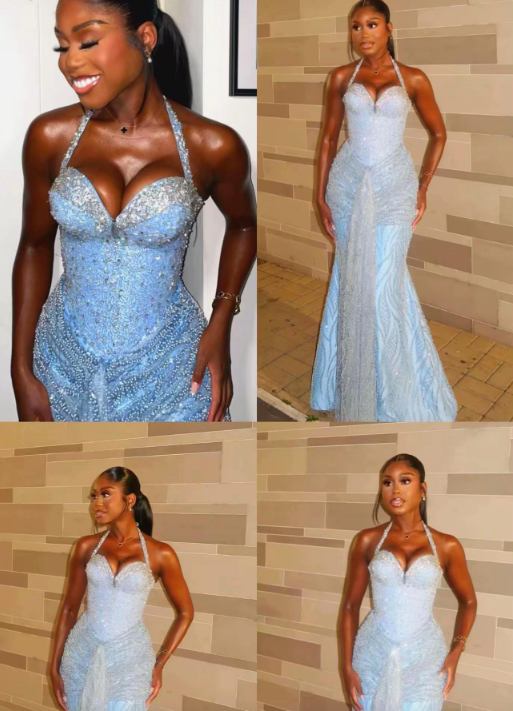 Luxurious Sparkling Light Blue Halter Mermaid Beaded Tulle Long Prom Dress Evening Dress cc5596