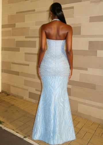 Luxurious Sparkling Light Blue Halter Mermaid Beaded Tulle Long Prom Dress Evening Dress cc5596