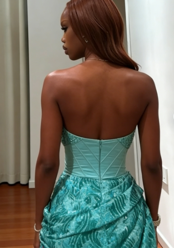 Vintage Lake Blue Strapless Beaded Jacquard Satin Long Prom Dress Evening Dress cc5594