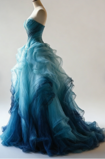 Vintage Ombre Blue Tulle Off The Shoulder Evening Dress,Formal Birthday Ball Gown cc2817