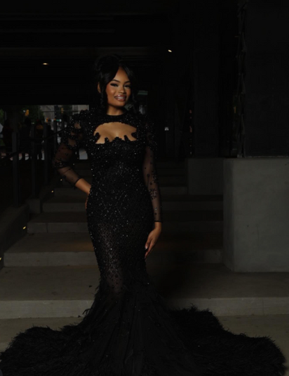 Gorgeous Black Mermaid Beaded Feathers Evening Gown,Formal Prom Party Dress cc2517