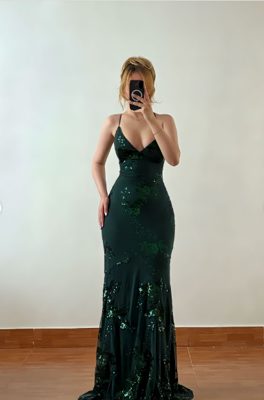 Beautiful Dark Green Mermaid V-Neck Cross-Strap Sequined Long Prom Dress Evening Dress cc5096