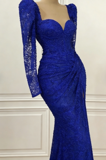 Royal Blue Vintage Prom Dress Long Sleeves Evening Dress c2732