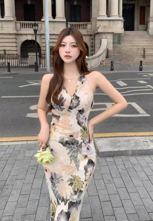 Stylish Elegant V-neck Floral Design Slim Halter Dress HZ1024