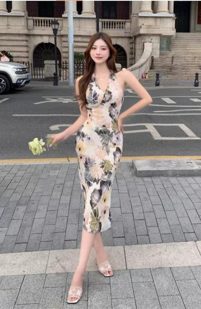 Stylish Elegant V-neck Floral Design Slim Halter Dress HZ1024