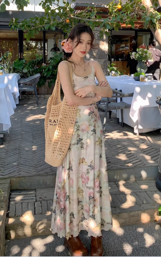New Stylish Elegant Floral Design Spaghetti Strap Dress HZ1024