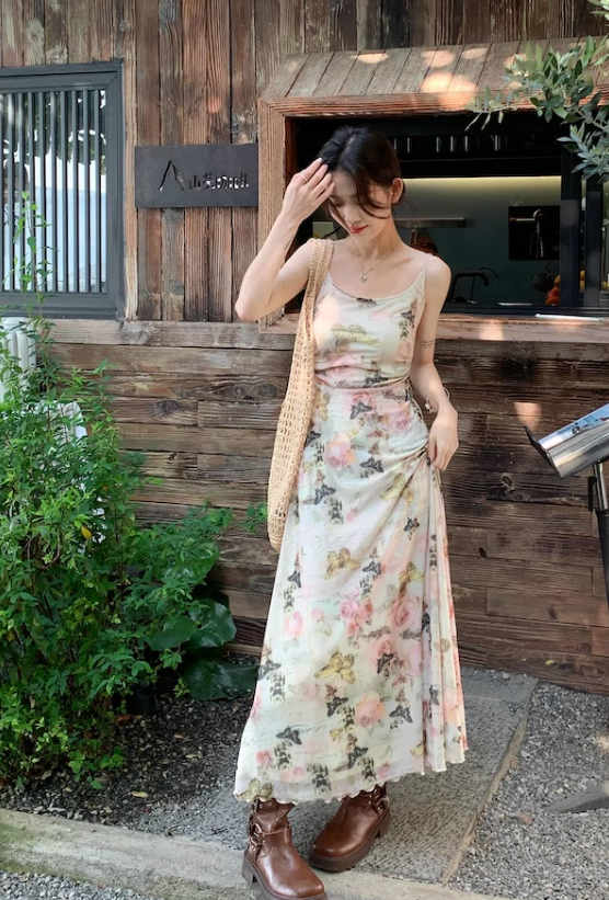 New Stylish Elegant Floral Design Spaghetti Strap Dress HZ1024